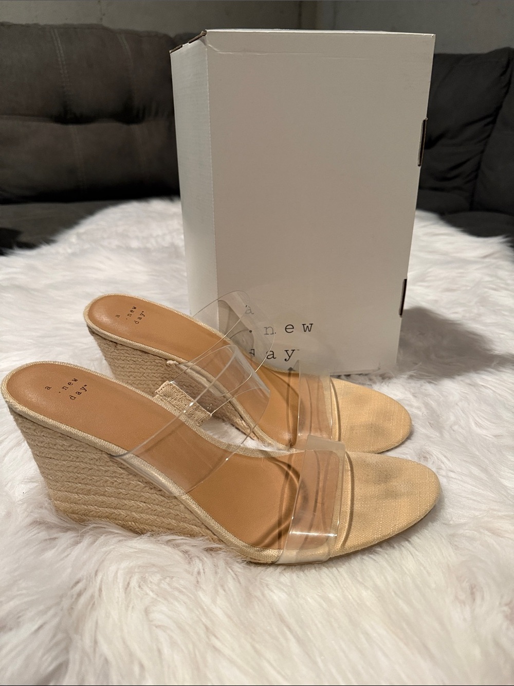 a new day Clear Strap Tan Espadrille Wedge Slides